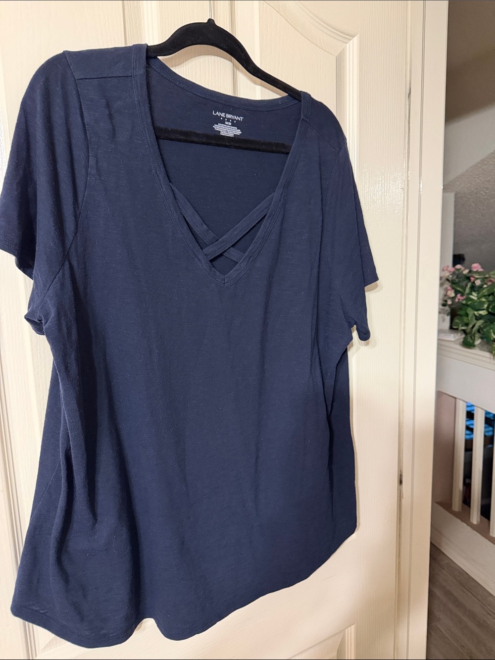 Lane Bryant Navy V-Neck Short Sleeve Top with Crisscross Detail